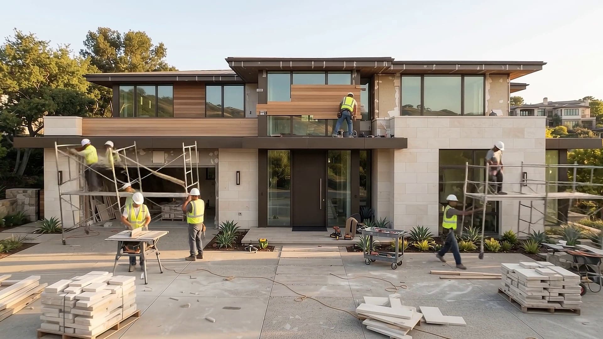 Newly built home with deep overhangs and full-height glazing