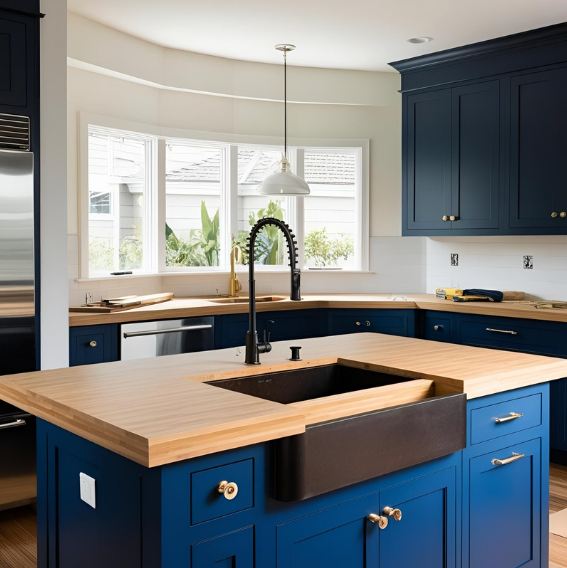 A close-up of a kitchen island under construction in a Bay Area home
