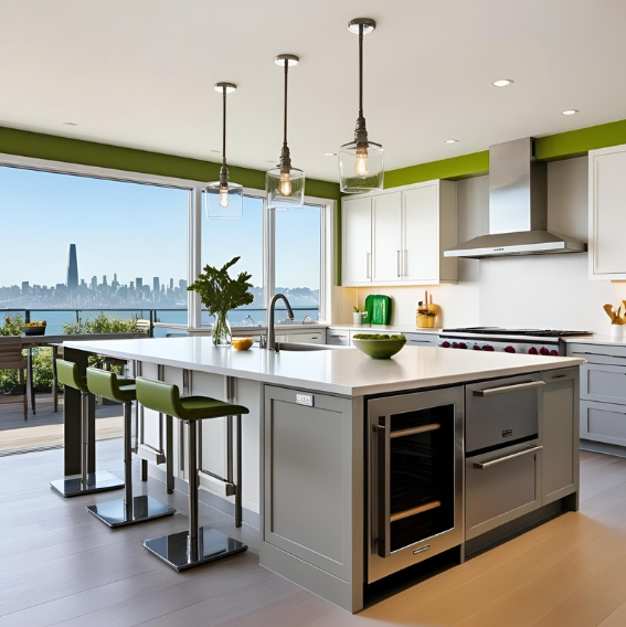 A modern kitchen in a Bay Area home featuring a stylish kitchen island with a multi-level design
