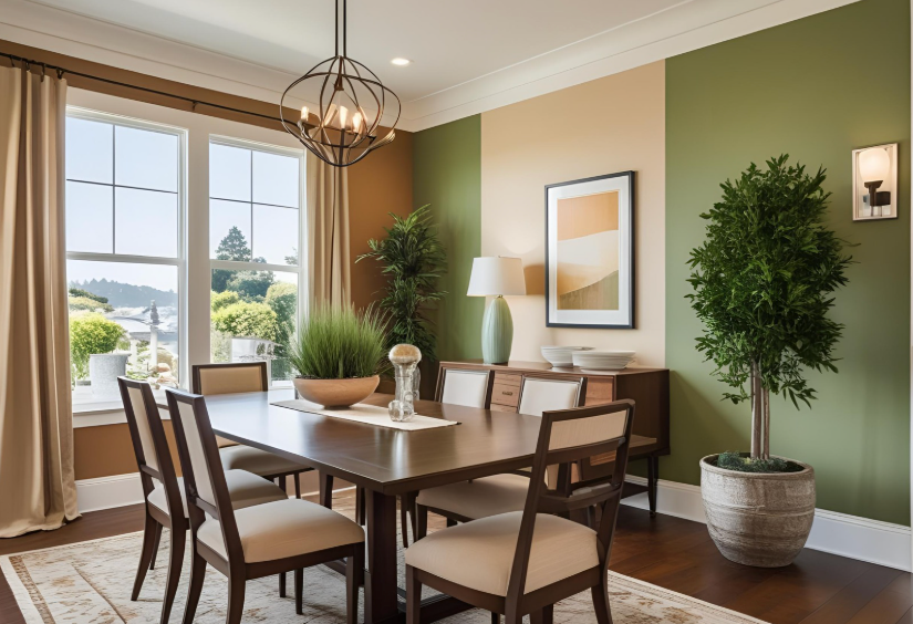 A close-up of a Bay Area home dining area with a freshly painted two-tone wall