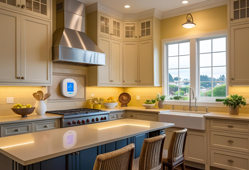 A close-up of a Bay Area home kitchen with a smart thermostat and LED lights-Ash Bay Construction