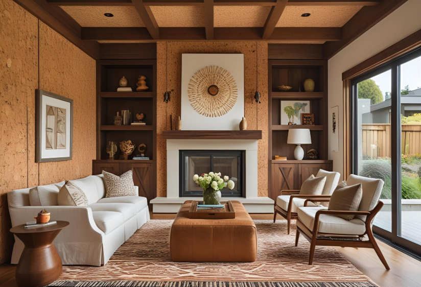 A close-up of a Bay Area home living room with cork insulation and reclaimed wood walls