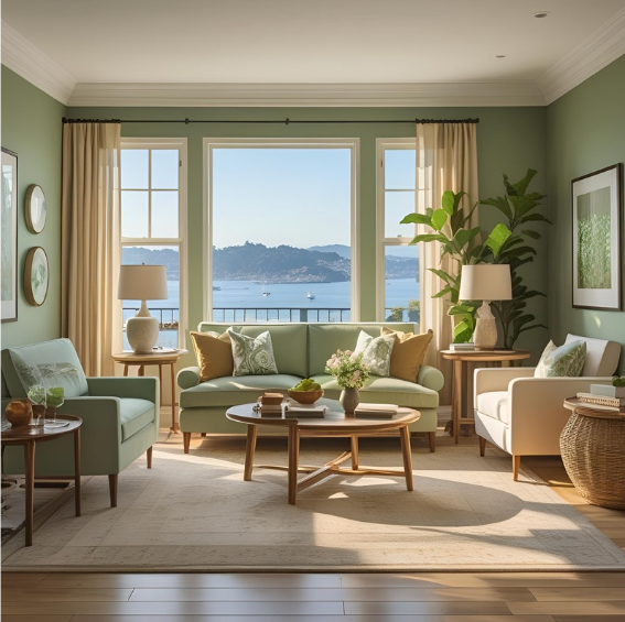 A warm Bay Area home living room after painting, featuring soft sage green walls