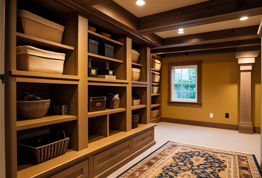 A close-up of a Bay Area basement with built-in storage and an egress window-Ash Bay Construction