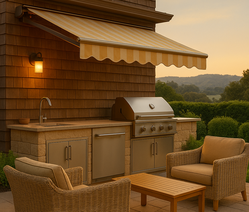 A close-up of a Bay Area outdoor kitchen with a retractable awning and sustainable furniture-Ash Bay Construction